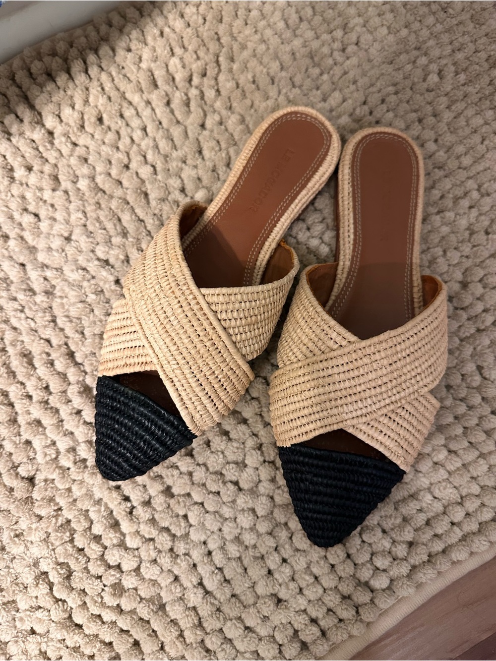 Woven Two-Tone Pointed Slide Mules in Beige and Black